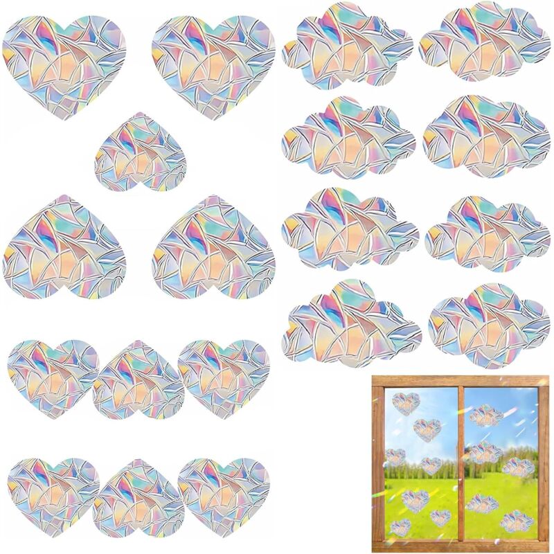 19 Regenbogen-fensteraufkleber In Wolken- Und Herzform. Dekorative 3d-fensterfolie. Haftet Statisch, Kein Klebstoff Erforderlich. Stoßschutz Für Küche, Esszimmer Und Schlafzimmer.
