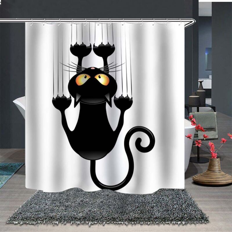 Leashy Diy-duschvorhang. Lustiges Katzenmotiv. Mit Haken (schwarze Katze. 180 X 200 Cm)