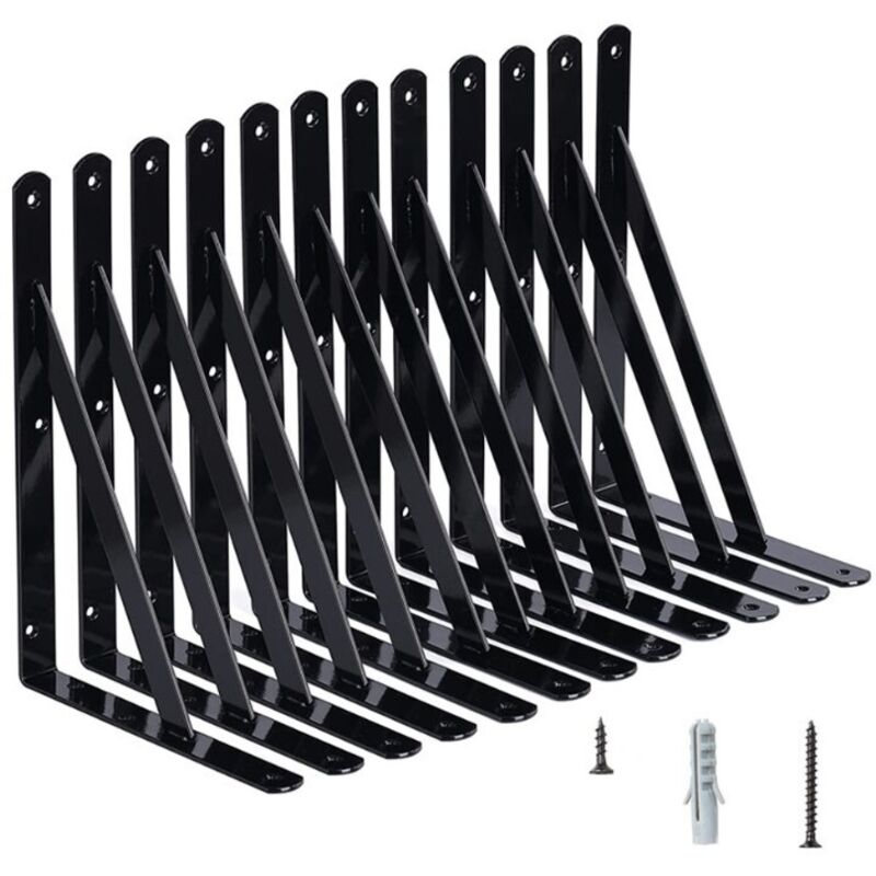 Wandregalhalterungen. 10 Stück 90°-dreieckwinkel Aus Stahl. Regalwinkel 150 Mm X 95 Mm. Eckverstärkung Mit 50 Schrauben Und 20 Dübeln (schwarz).