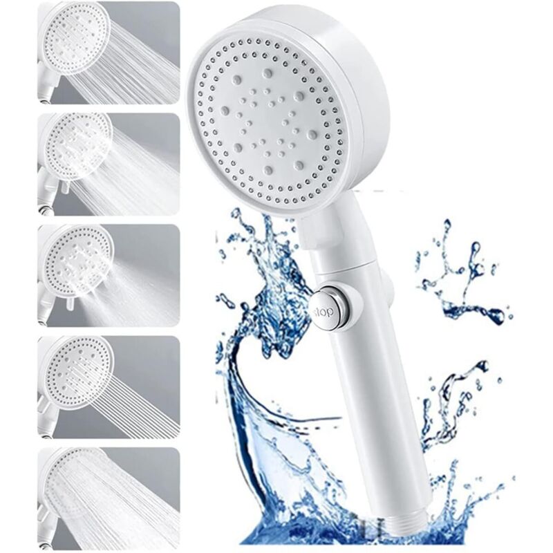 Wassersparender Duschkopf In Weiß Mit Halterung. Antikalkend. Hochdruck-duschkopf Mit 5 Strahlarten. Massagefunktion.