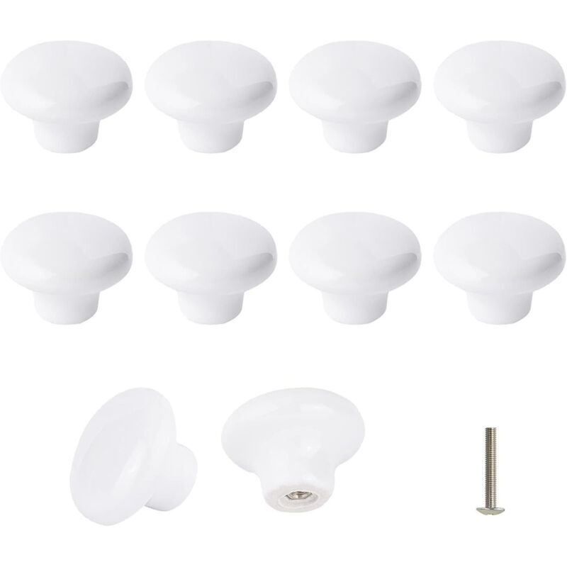Set Mit 10 Weißen Keramikknöpfen. Keramik-türgriffe. Retro-rundgriff Aus Keramik Für Küchenschränke Und -schubladen, 32 Mm, Mit 3 Schraubengrößen.