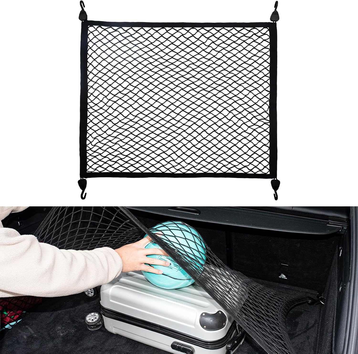 Gepäcknetz 80 X 60 Cm, Universelles Aufbewahrungsnetz Mit 4 Stabilen Haken, Superelastisches Gepäcknetz Für Autos, Suvs Und Vans
