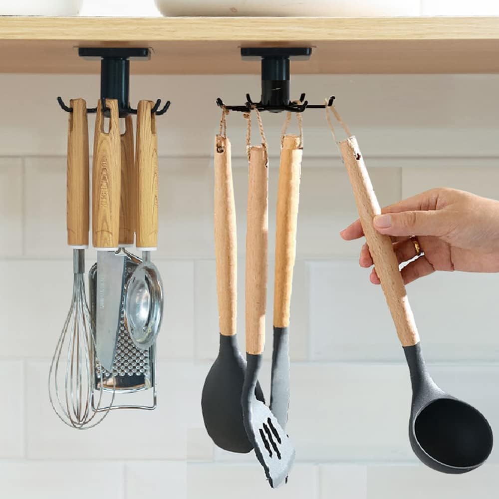 Set Mit 2 Um 360° Drehbaren Küchenutensilienhaken Mit 6 Bohrfreien Haken (schwarz)