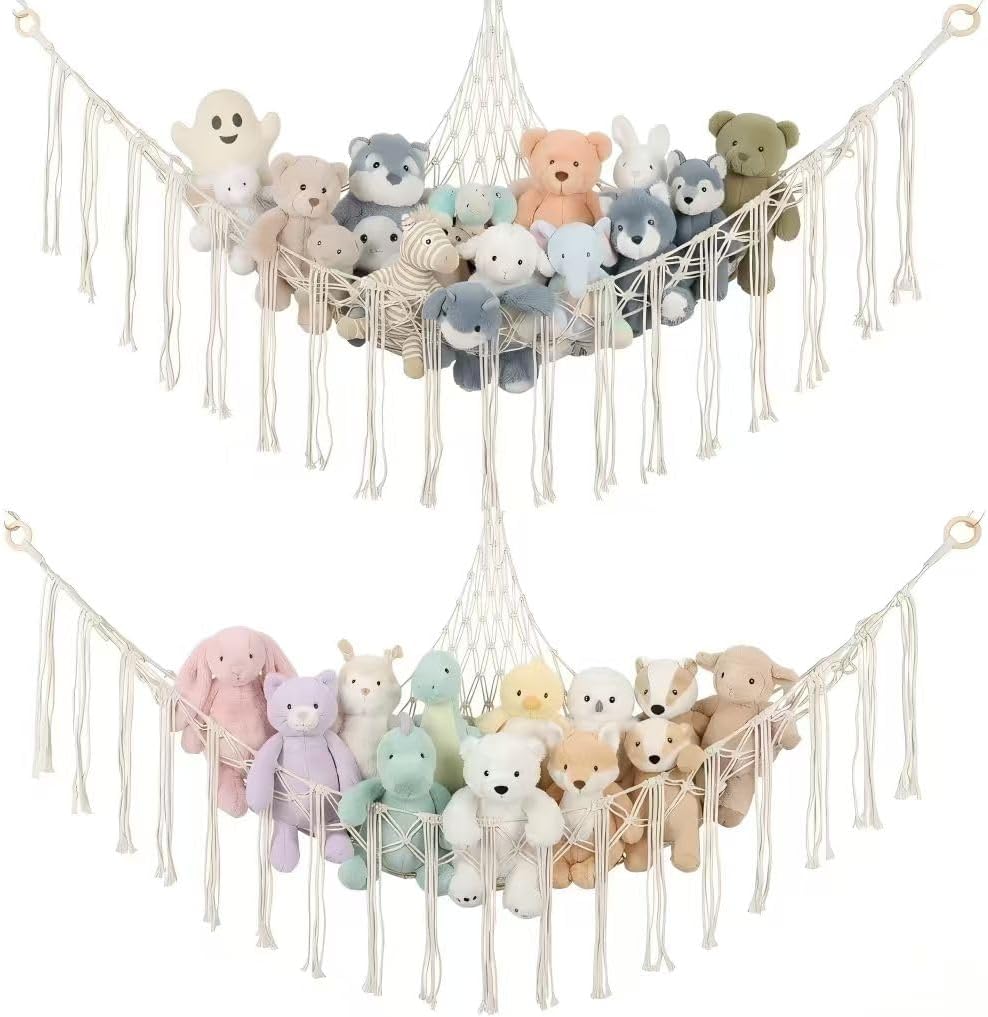 2er-set Aufbewahrungsnetze Für Kuscheltiere – Für Die Kinderzimmerecke – Makramee-hängematte – Weiß