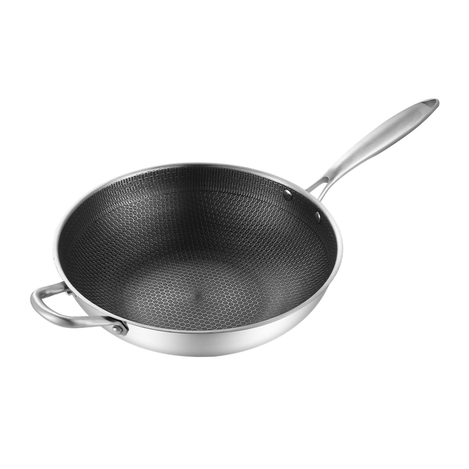 32 Cm Wokpfanne Aus Edelstahl, Antihaftbeschichtet, Doppelseitig, Wabenmuster, 3-lagig, Leicht Zu Reinigen, Zum Kochen, Ohne Deckel, Mit Griffen