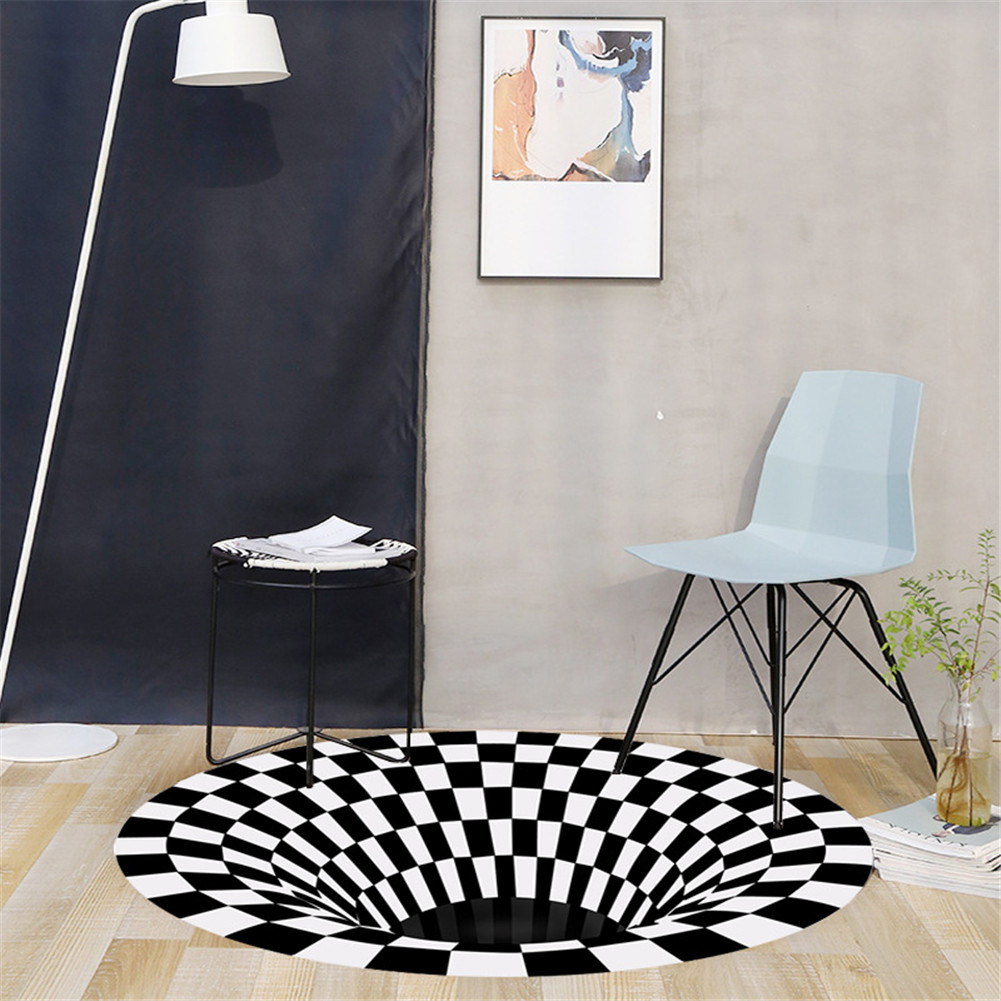 Runder, Schwarz-weißer 3d-vortex-teppich Mit Gittermuster, Rutschfest, Für Schlafzimmer, Wohnzimmer, Badezimmer, Als Fußmatte Für Den Innenbereich