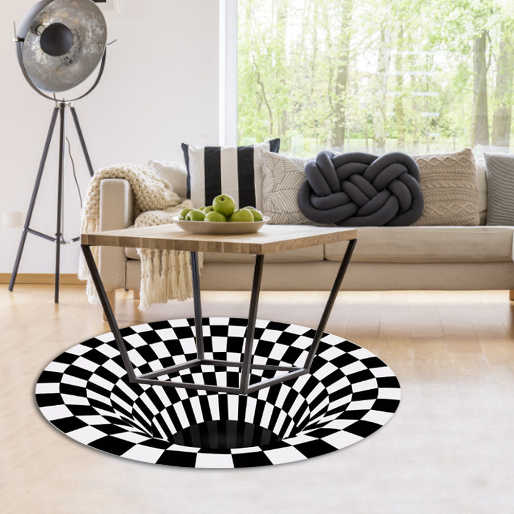 Runder, Schwarz-weißer 3d-vortex-teppich, Rutschfest, Mit Gittermuster, Für Schlafzimmer, Wohnzimmer, Als Teppich Für Den Innenbereich