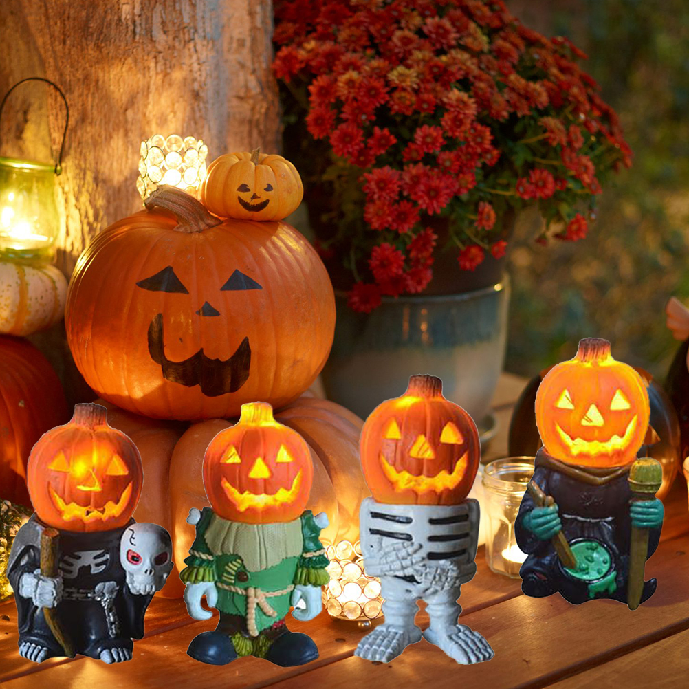 Halloween-kürbisritter-gartendekoration Mit Beleuchtung, Kleiner Handgefertigter Kürbiskopf Aus Kunstharz - Modell C