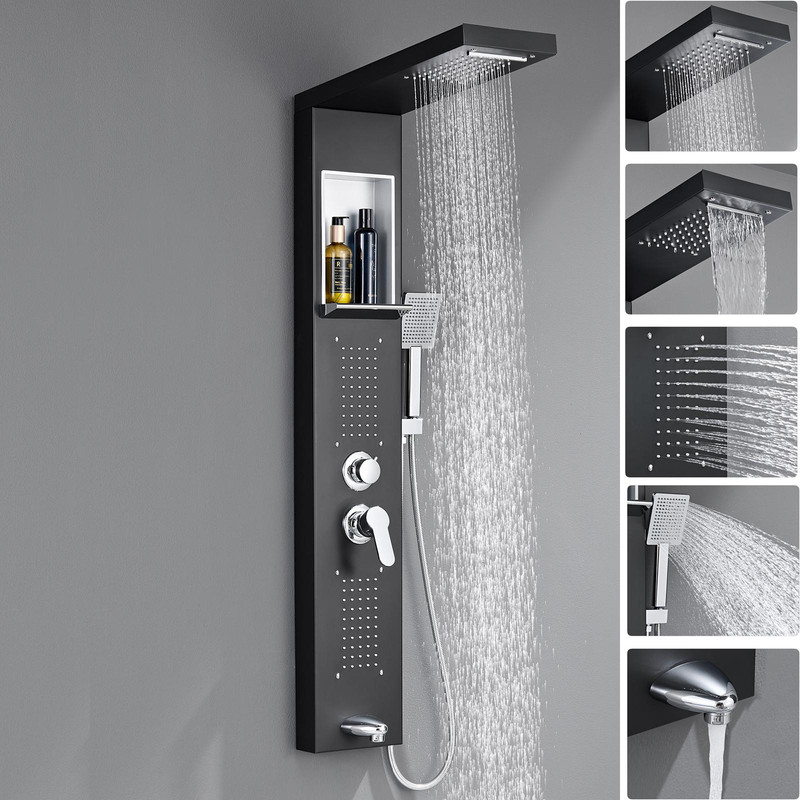 Auralum Duschpaneel, Duschpaneel Schwarz Mit Armatur 5 Wasserausgabemodi, Duschsäule Mit Regendusche, Massagedusche, Handbrause Und Wanneneinlauf, Duschsystem Aus Edelstahl