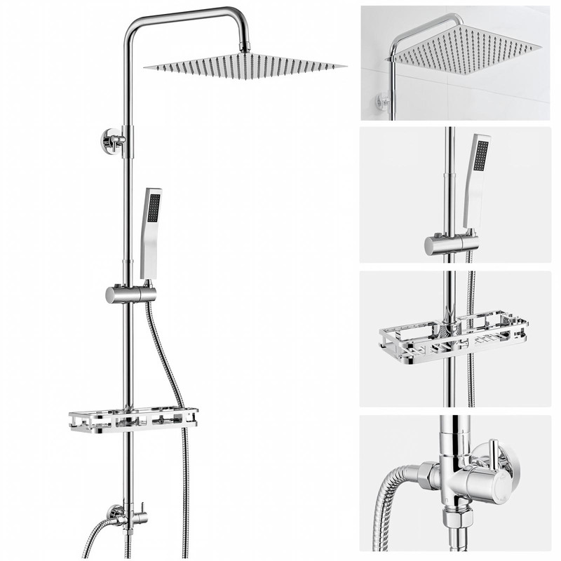 Auralum Max Edelstahl Regendusche Ohne Duscharmatur Mit Ablage, Duschsystem Komplettset Chrom, Edelstahl 30cm Regenduschkopf & Handbrause, Messingventil, Höhenverstellbar Stange, Für Vorhandene Bohrlö