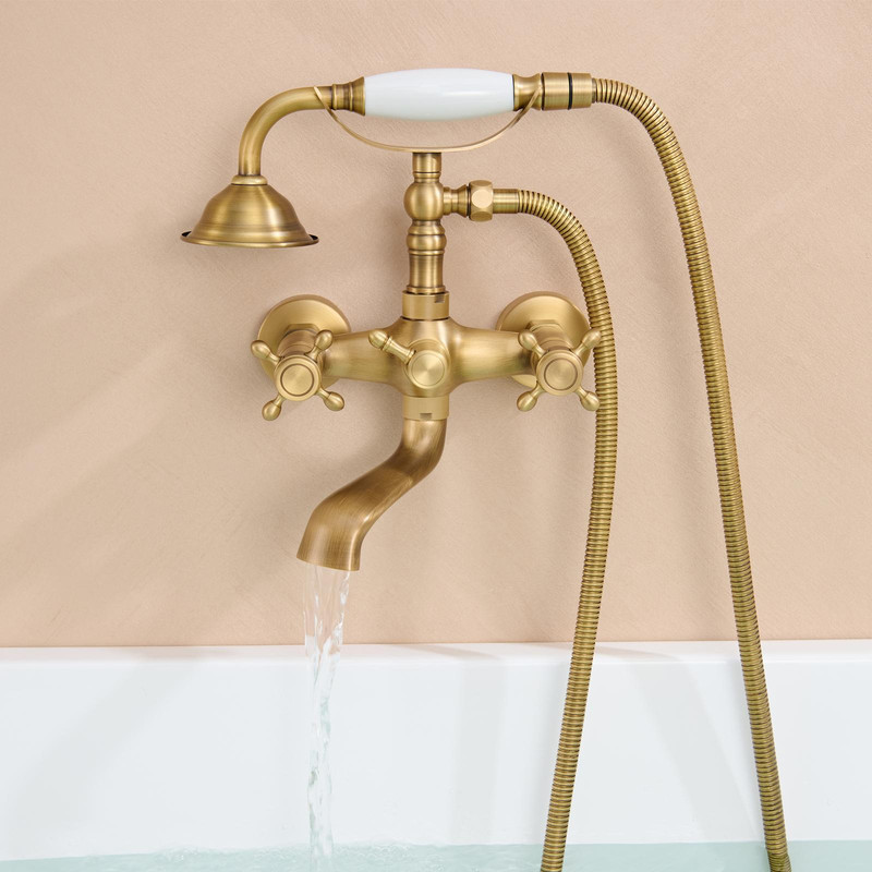 Auralum Max – Retro Badewannenarmatur Aus Messing – Doppelkreuzgriff – Handbrause – Duschset Im Lieferumfang Enthalten – Duschsystem Für Badewanne Und Badezimmer