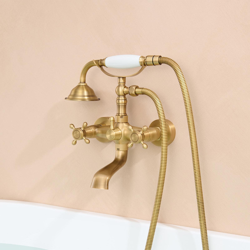 Retro Badewannenarmatur Mit Handbrause, Antik Messing Wand Badewanne Mischbatterie,360° Schwenkbarer Auslauf,retro Bad Dusche Set Mit Doppelter Griff Duscharmatur Für Badezimmer