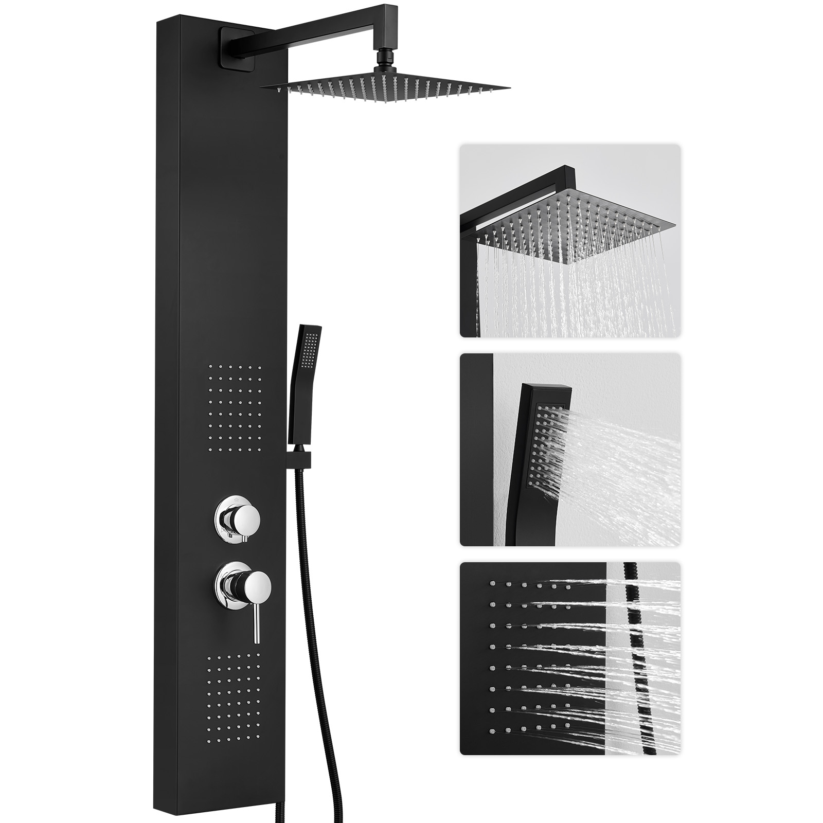 Auralum Hydromassage Duschsäule Duschpaneel, Schwarz 3 Funktionen Regendusche Duschset,wandpaneel Hydromassagesäule 304 Edelstahl-regeneffekt Für Badezimmer