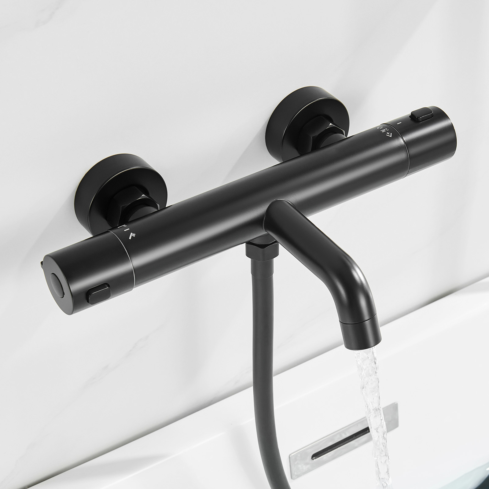 Auralum Max Adewannenarmatur Mit Thermostat Messing Schwarz Duscharmatur, Badewannenarmatur Duscharmatur Mischbatterie Mit 38 °c Sicherheitstaste