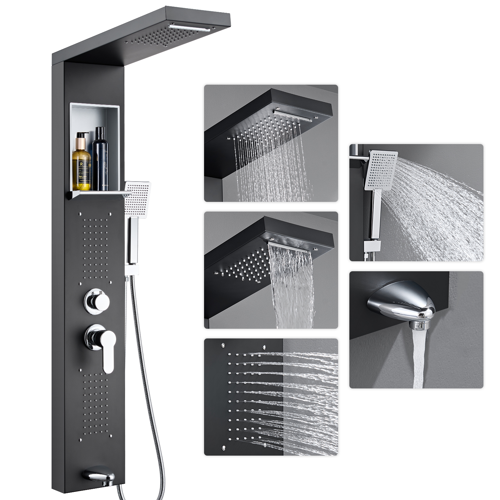Auralum Max Duschpaneel Edelstahl Schwarz Mit Mit Regalen Duschsystem ,5 Funktionenduschsäule Mit Regendusche, Massagedusche, Handbrause Und Wanneneinlauf,hydromassage