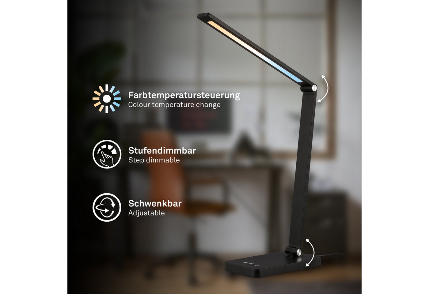 Briloner Led Schreibtischlampe Schwenkbar 38 Cm 4,8w 400lm 2700k-6500k Warmweiß Bis Tageslichtweiß Touchdimmer Schwarz - Tischlampe Leselampe Bürolampe Büro