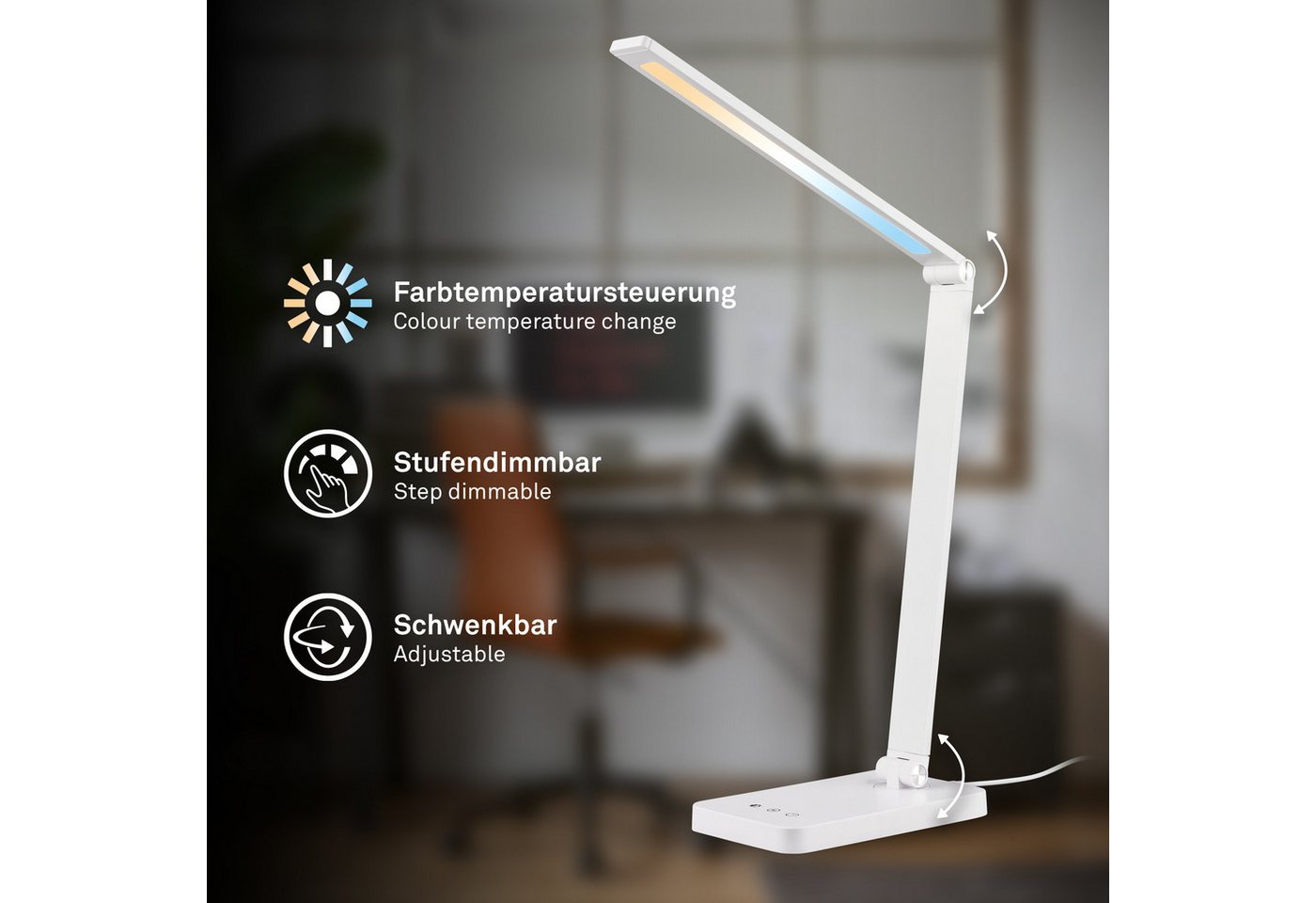 Briloner Led Schreibtischlampe Schwenkbar 38 Cm 4,8w 400lm 2700k-6500k Warmweiß Bis Tageslichtweiß Touchdimmer Weiß - Tischlampe Leselampe Bürolampe Büro