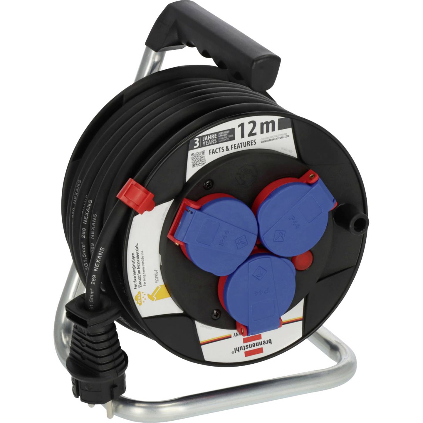 [neuwertig] B-ware Brennenstuhl Kabeltrommel 12m Schwarz Verlängerungskabel 3 Steckdosen Ip44 16a