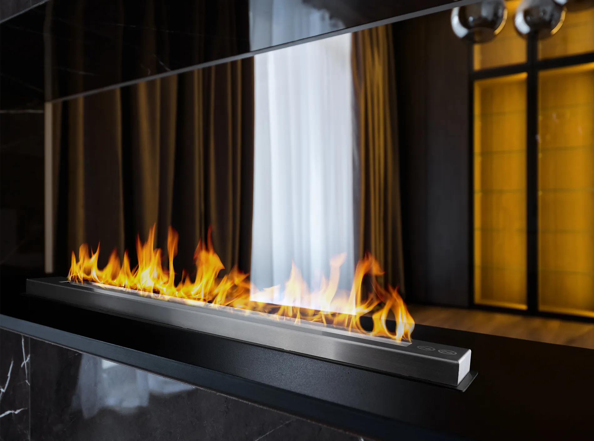 Bioethanol Einbaukamin Linear 900 Mm, 1,4 L Brenner Mit Durchgehender Flammenlinie, Schwarz Matt
