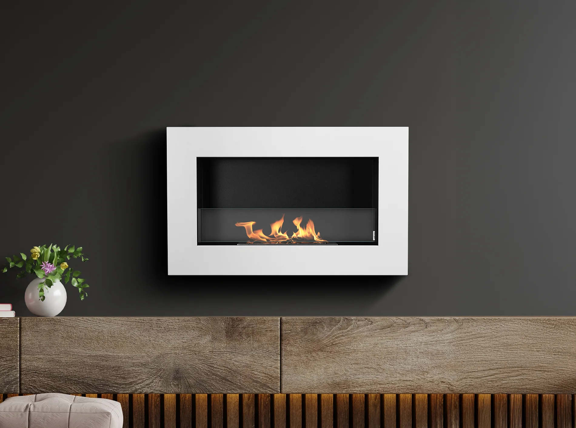 Bioethanol Wandkamin Box 65 × 40 Cm Mit Sicherheitsglas, Tüv-brenner 0,35 L, Weiß Struktur Matt