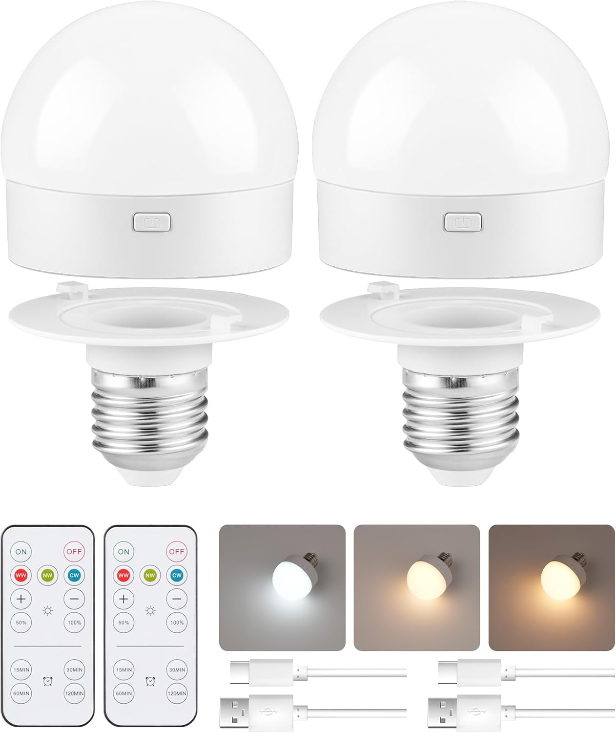 2er-pack Wiederaufladbare E27-led-lampen (kabellos) Batteriebetrieben, Mit Fernbedienung, Dimmbar, 3 Farbtemperaturen, Zw01ybdp206