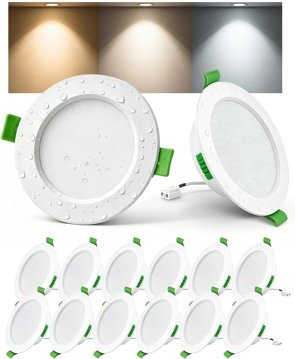 Set Mit 12 Led-einbaustrahlern, 68 Mm, 5 W, 220 V, 3 Einstellbare Farbtemperaturen: Warmweiß 2700 K / Neutralweiß 4000 K / Kaltweiß 6000 K, Ip44 Wasserdichte Deckenstrahler Für Bad, Wohnzimmer Und Küc