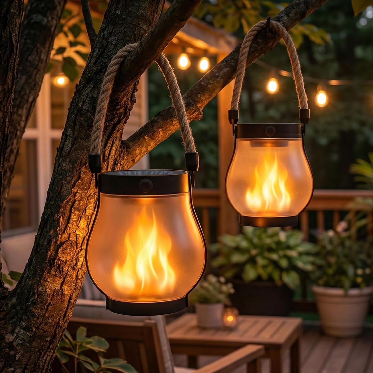 2-teiliges Solarlaternen-set Für Den Außenbereich, Led-flammenlaterne Mit 2 Modi, Solar- Und Usb-c-aufladbar, Ip65 Wasserdicht, Zum Aufhängen Oder Aufstellen Für Terrasse, Balkon Und Patio