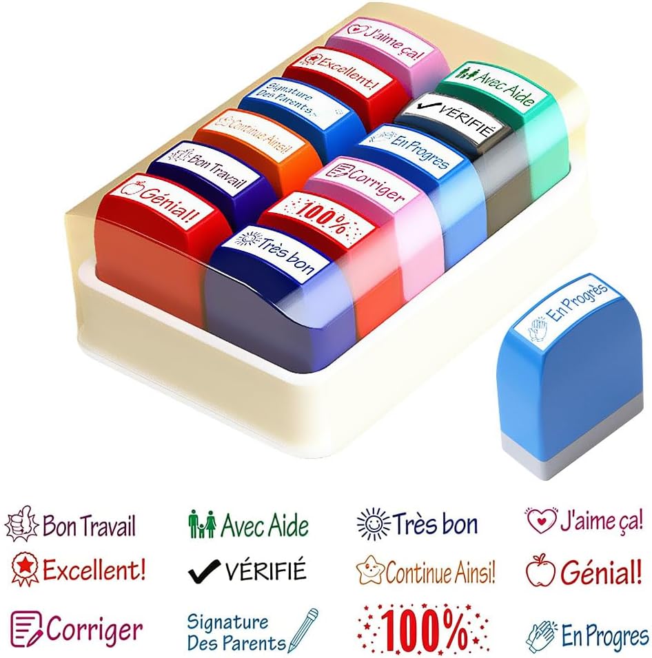 Set Mit 12 Französischen Lehrerstempeln, Selbstfärbende Stempel Mit Aufbewahrungsbox, Belohnungs- Und Bewertungsstempel Für Kinder, Geschenkidee Für Lehrer Und Vorschulkinder