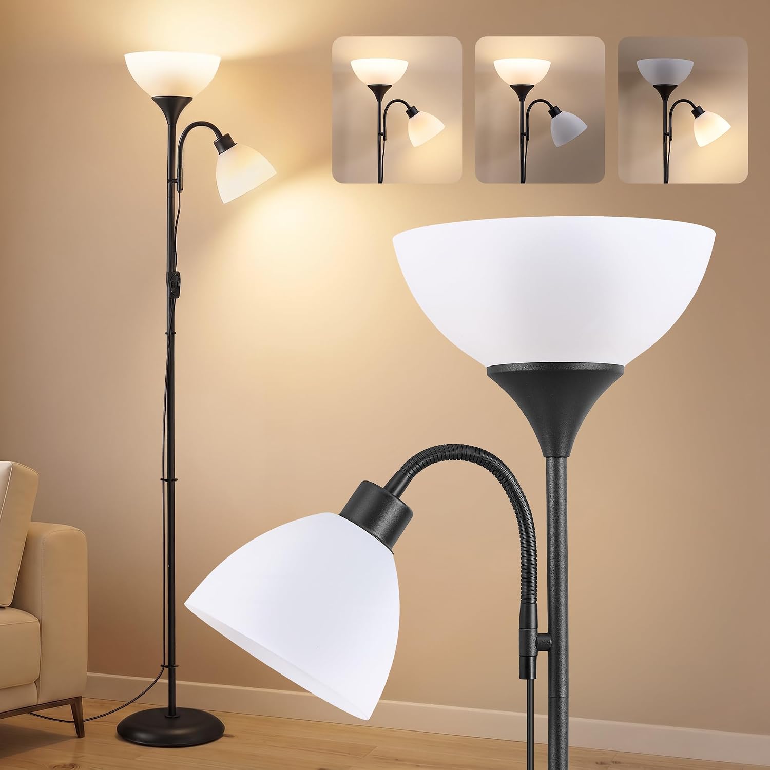 Led-stehleuchte Mit Leselicht, Verstellbarer Arm, Eisen, 38,5 X 23,5 X 176 Cm, Mattschwarz, Für Wohnzimmer Und Büro, Lusia Kollektion Lfl019b102