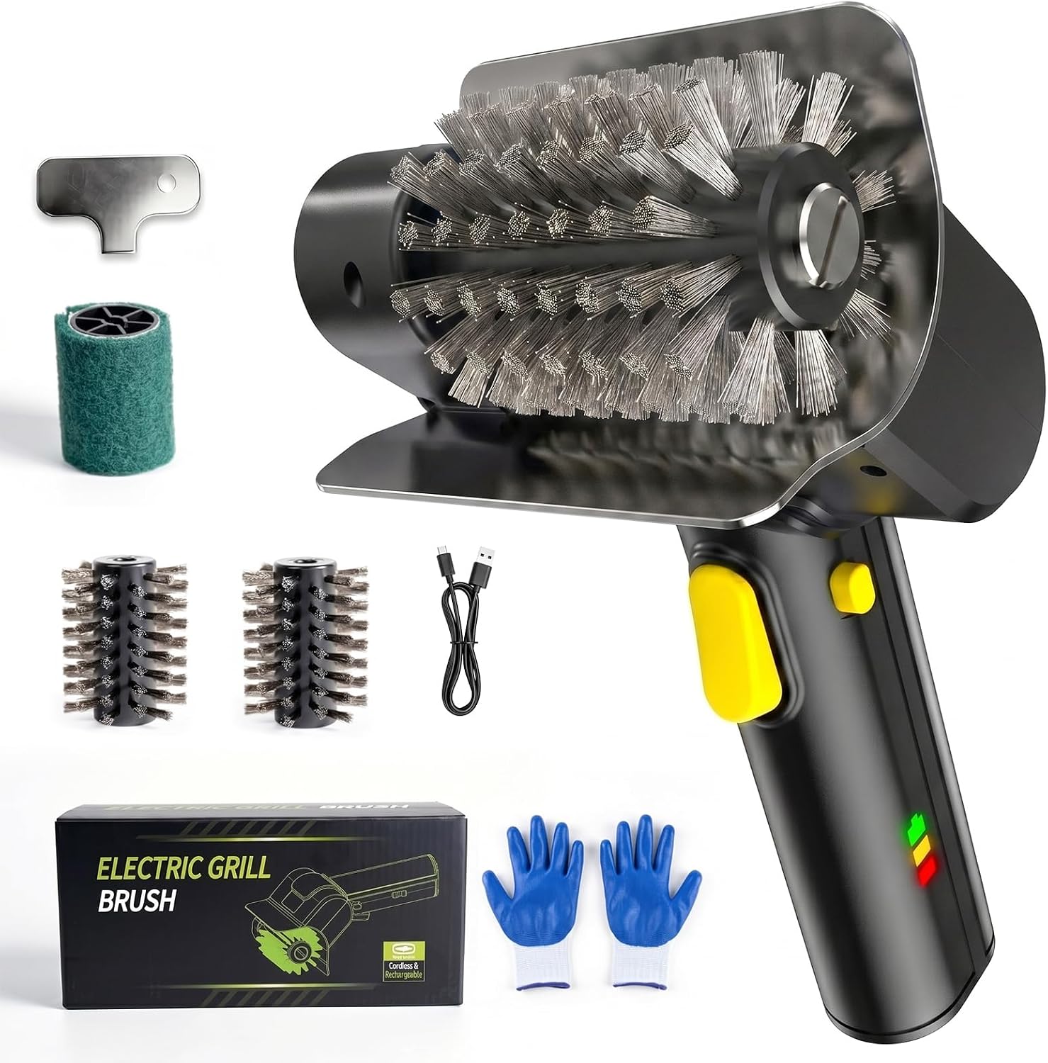 Elektrische Grillbürste Mit 550 U/min Motor, Kabellose Grillreinigungsbürste Mit 2 Edelstahl-bürstenköpfen, Typ-c-ladeanschluss Für Grillroste Und Flachgrills