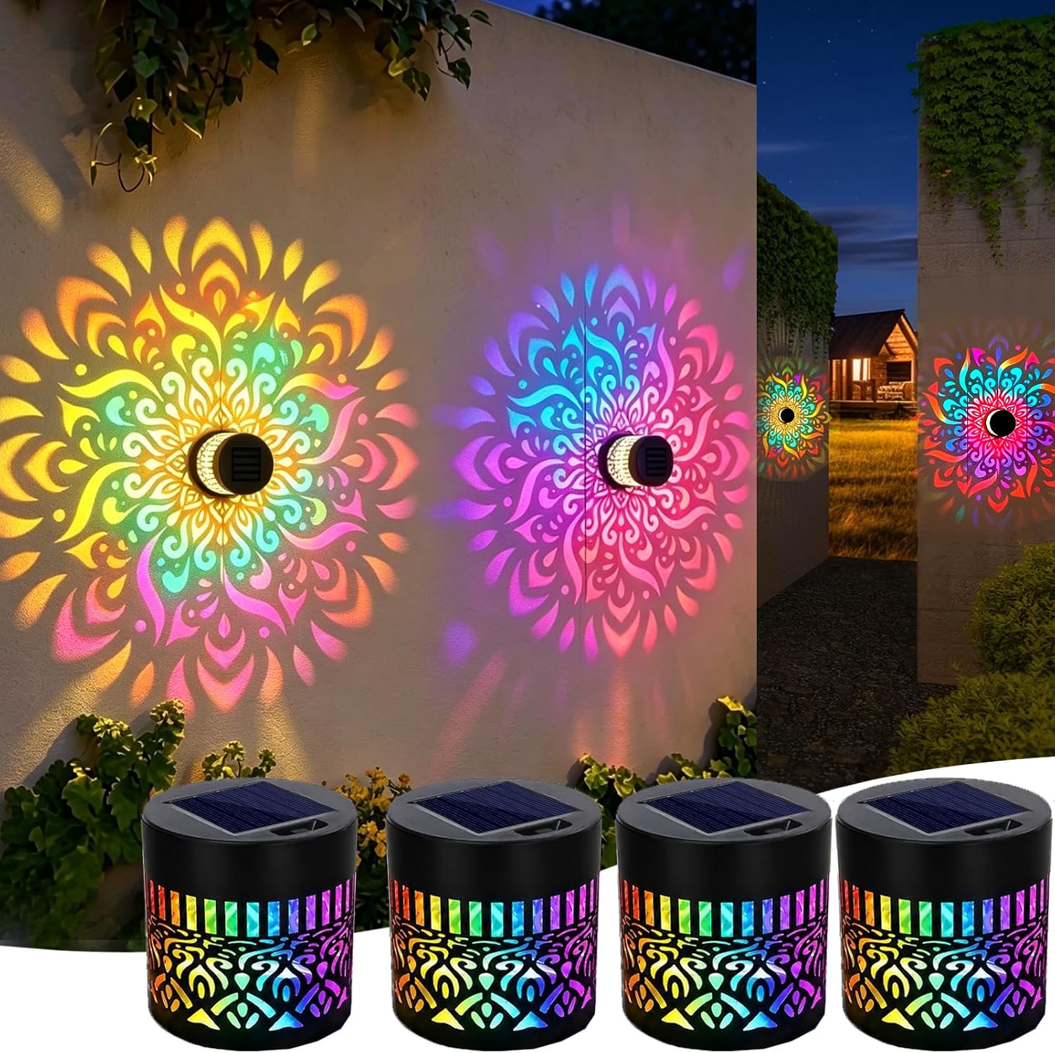 Solar-außenwandleuchte, Mandala-blumen-solar-wandleuchte Mit 7 Farbverläufen, Wasserdichte Led-wandlaterne Aus Metall Für Terrasse Und Garten