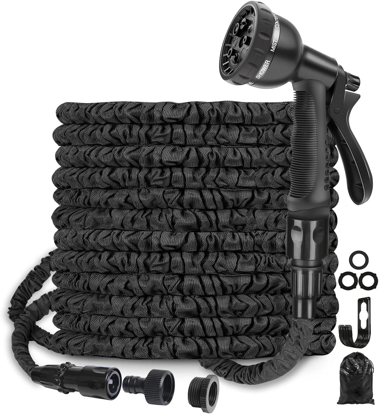 30 M Dehnbarer Gartenschlauch, Flexibler Gartenschlauch Mit Hochdichtem Latexkern Und 1100d-gewebemantel, 8 Adapter (1/2" Und 3/4"), Ultraleicht, Schwarz