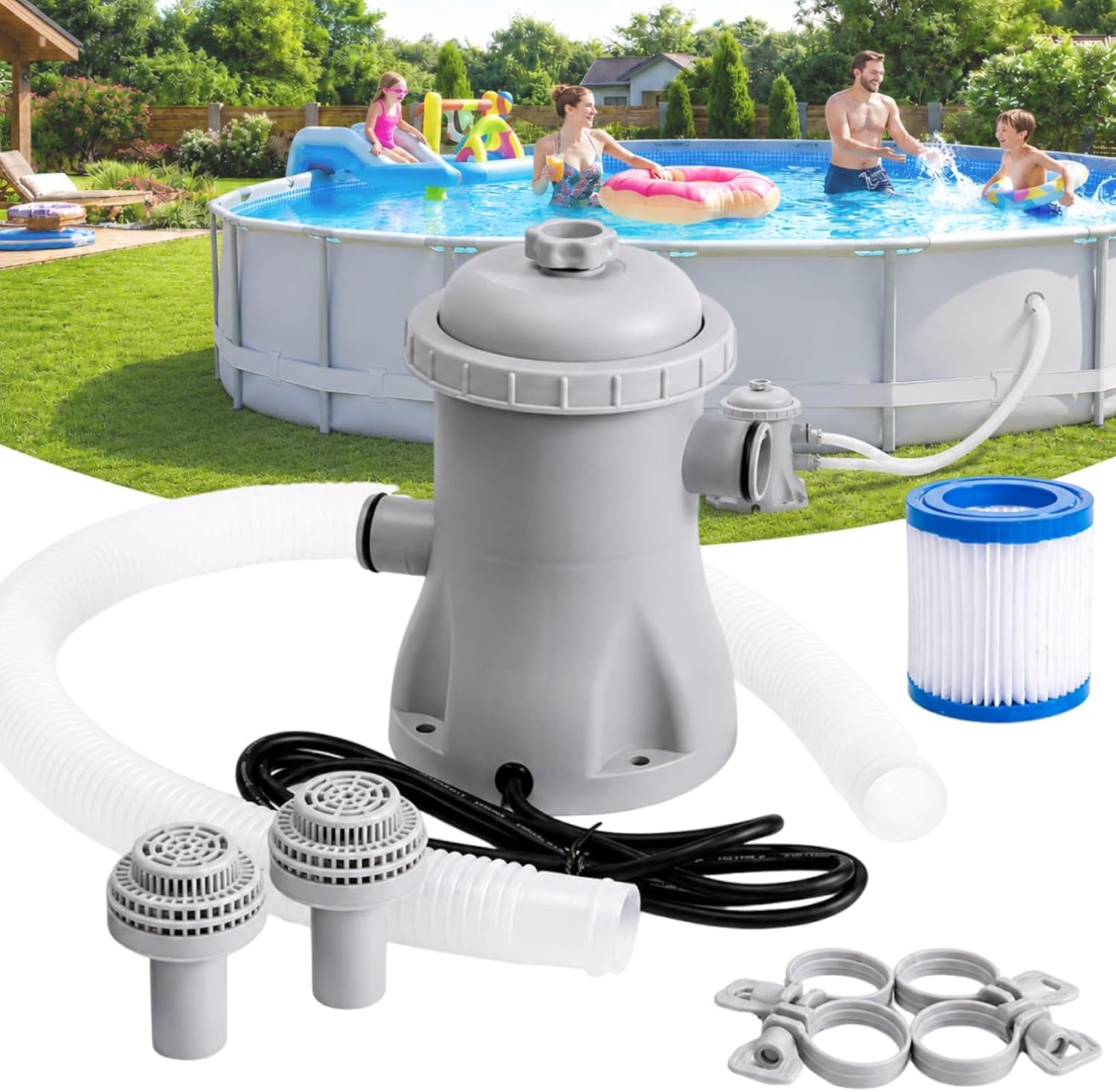 Aufstellpool-filterpumpe 330 Gph, 16 W Mit Schlauch – Klare Wasserzirkulation, Leises, Abgedichtetes Abs-design Für Kleine Und Mittelgroße Pools