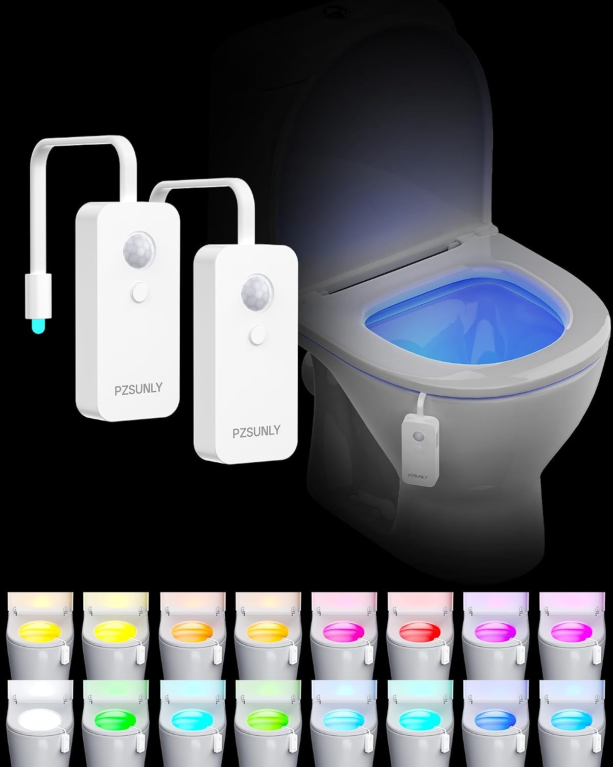 Led-toilettenleuchte, Ip65 Wasserdicht, 16 Farben, 2 Stück Bewegungssensor, Wiederaufladbar, 500 Mah, Ultradünnes Design, Einfache Installation, Für Badezimmer
