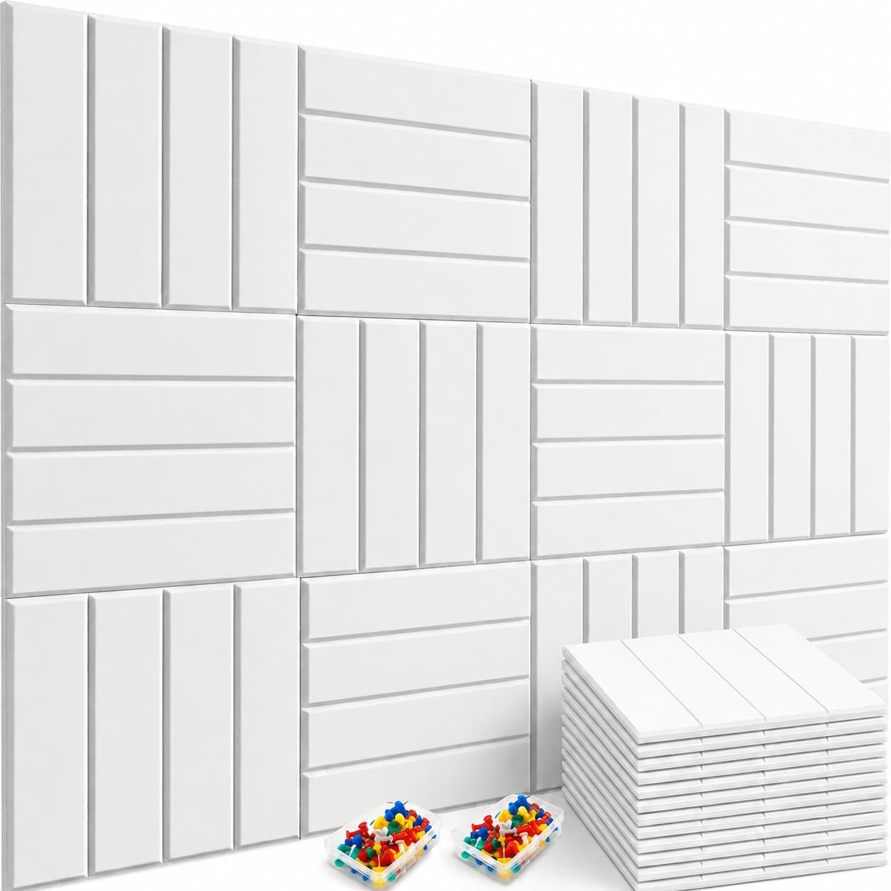 Set Mit 12 Selbstklebenden Akustikwandpaneelen Aus Weißem Filz, 30 X 30 X 0,9 Cm, Gerillte Dekorpaneele Mit 35 Reißzwecken, Zur Schallreduzierung Für Büro, Schlafzimmer Und Studio