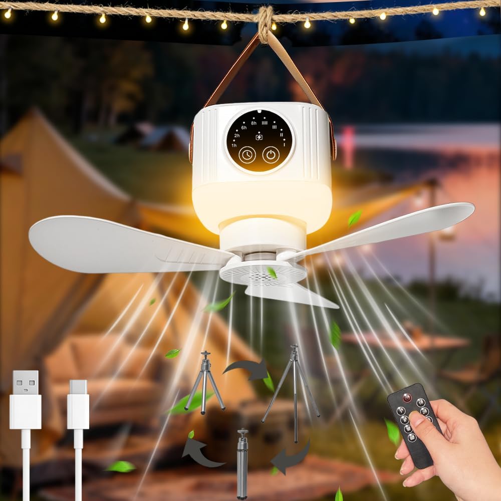 Campingventilator Mit Licht, 4 Geschwindigkeitsstufen Und Abnehmbarem Schirm Deckenventilator Mit Licht, Fernbedienung, Haken, Timer Und Usb-anschluss Für Picknicks, Zelte Und Camping