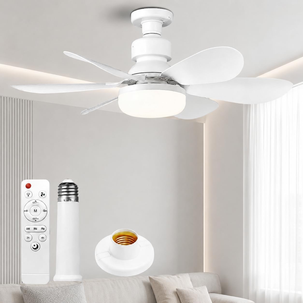 Deckenventilator Mit Licht Und Fernbedienung, E27-fassung, Dimmbare Led-beleuchtung, 40 W, 3 Geschwindigkeitsstufen, 6 Flügel, Leise, Mit Standfuß Und Verlängerungsstange, Timer, Für Schlafzimmer, Woh