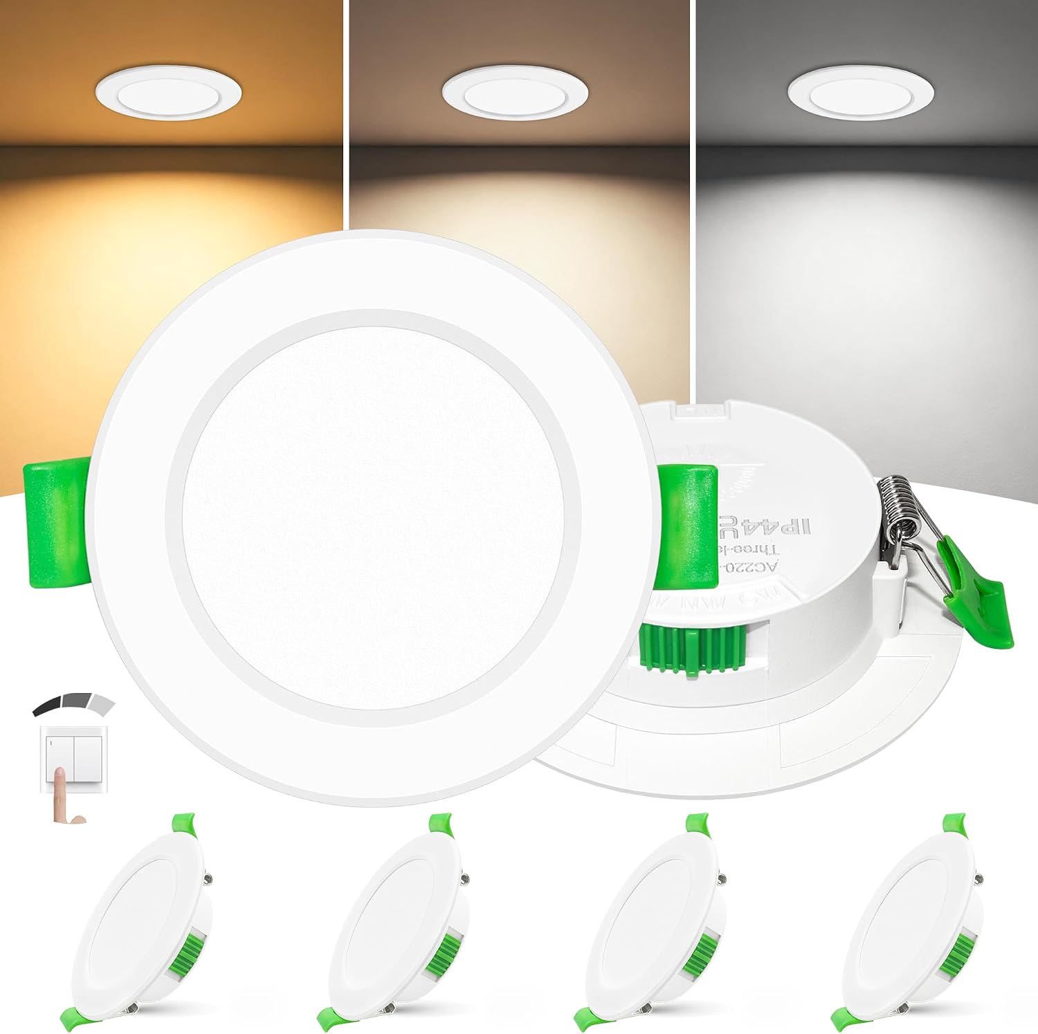 Extraflache Led-einbaustrahler, 25 Mm, 4er-pack, 6 W, Dimmbar, 3 Helligkeitsstufen (ohne Dimmerschalter), 2700 K, 4000 K, 6000 K, Schutzart Ip44, Badezimmerstrahler, Ausschnitt Ø 58–68 Mm, 230 V, Weiß