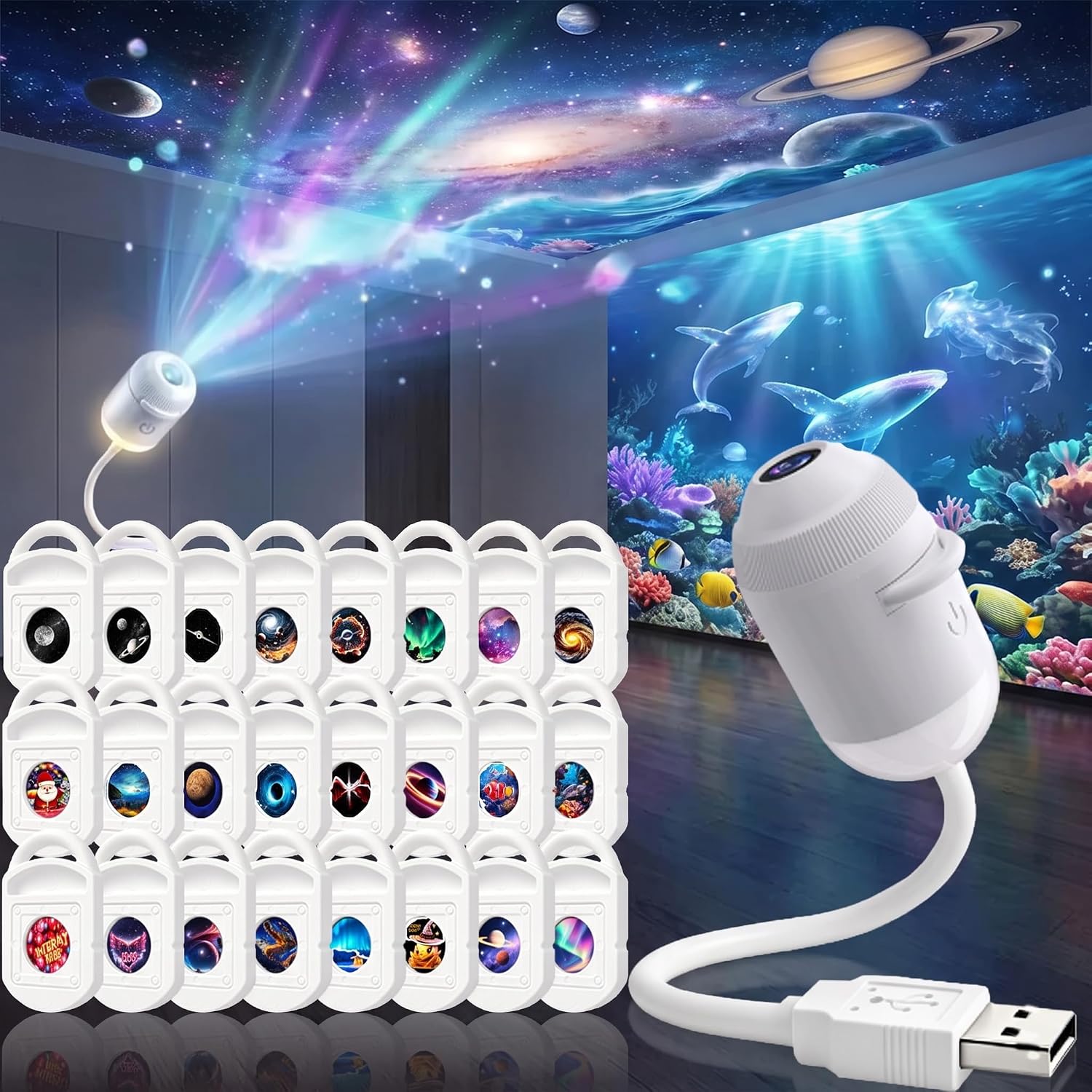Galaxy-projektor Für Die Nacht, 5d-holografischer Sternenprojektor 2-in-1, Steckdosen- Und Nutzbarer Hd-smart- Und Dynamischer 360°-deckenprojektor, Usb-himmelssternlampe (mit 24