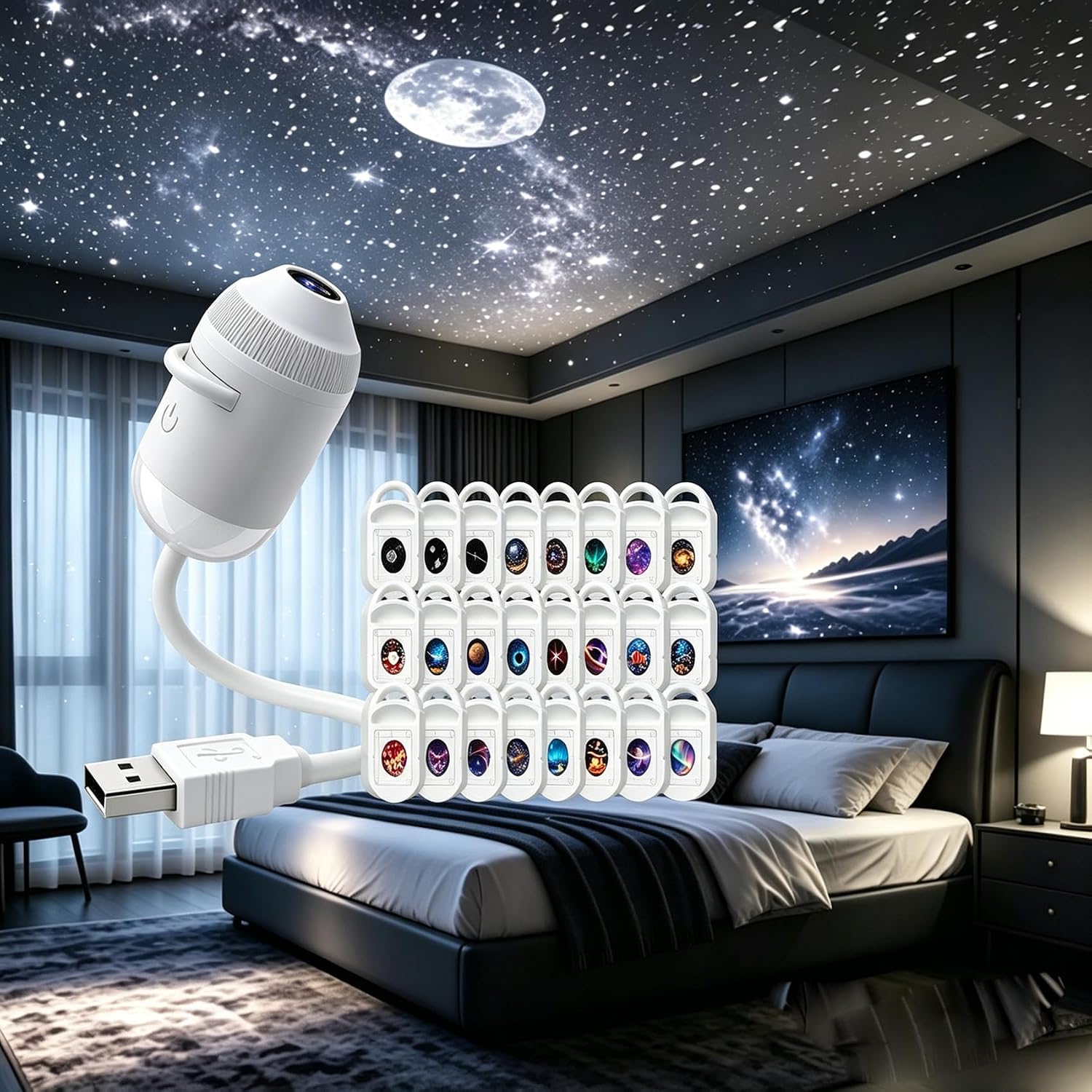 2-in-1 Galaxy-projektor-nachtlicht, Plug & Play, 360° Usb-sternen- Und Mondhimmelprojektor, Mit 3/12/24 Projektionsfolien, Tragbare Led-projektorlampe (24 Weiß)