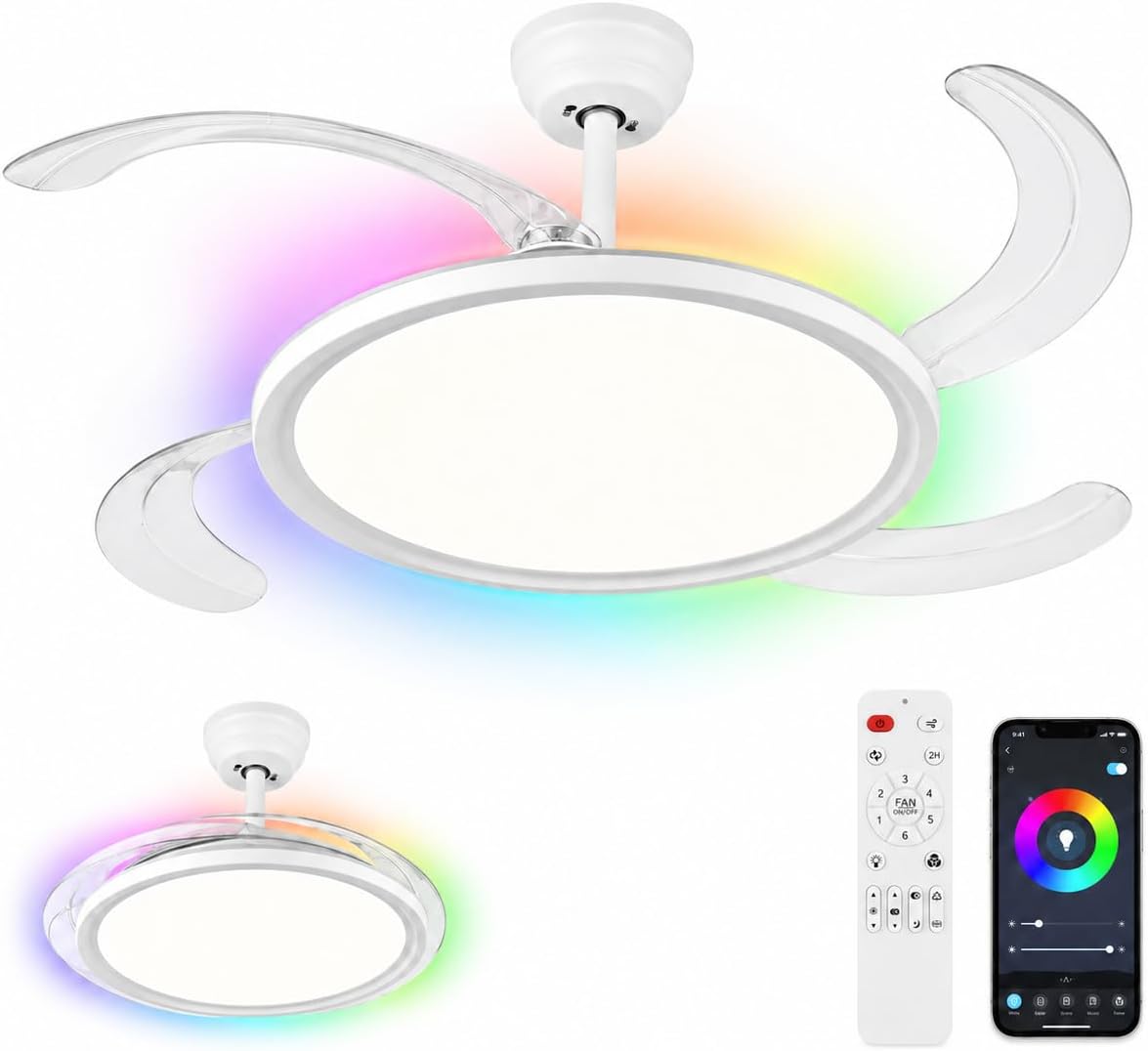 105-cm-deckenventilator Mit Led-beleuchtung, Einziehbaren Flügeln, 64-w-led-beleuchtung, Leisem Gleichstrommotor, Rgb-hintergrundbeleuchtung, Fernbedienung Und App