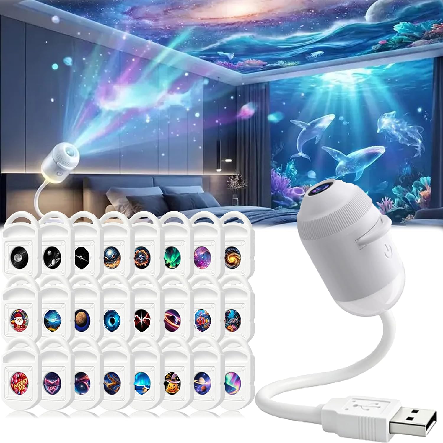 Holografisches Hd-nachtlicht, Plug & Play, 2-in-1 Hd-galaxy-projektor, Ocean Galaxy Dream-projektor, Usb-betrieben, Sternenhimmel-projektionsnachtlicht Mit 24 Filmen
