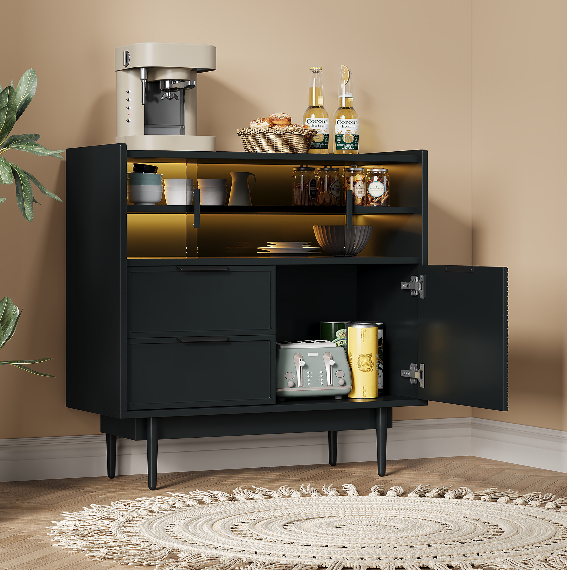Aufbewahrungsschrank 80 Cm Schwarz Mdf Mit Glasschiebetüren, Led-lichtleiste Und Offenen Fächern