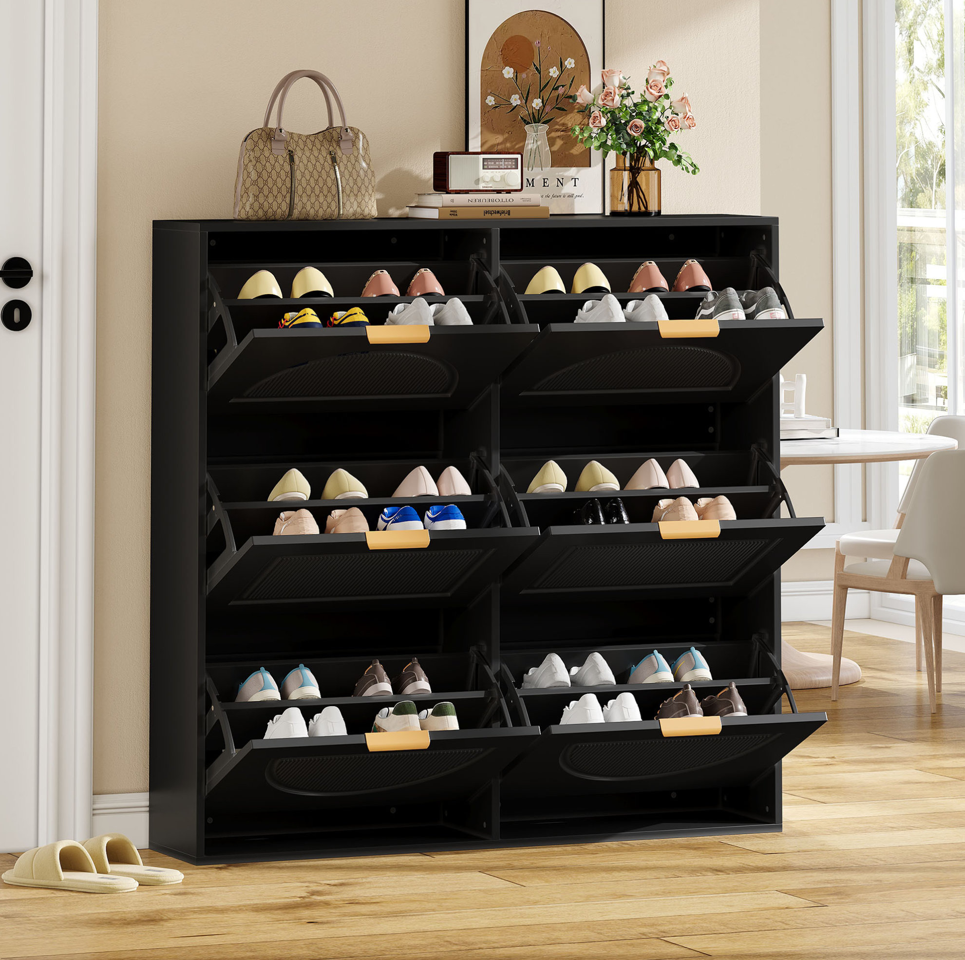 Schuhschrank 118x25x115 Cm Schwarz Aus Mdf Mit 6 Klappenfächern, Kippsicherung Und Schlanker Form