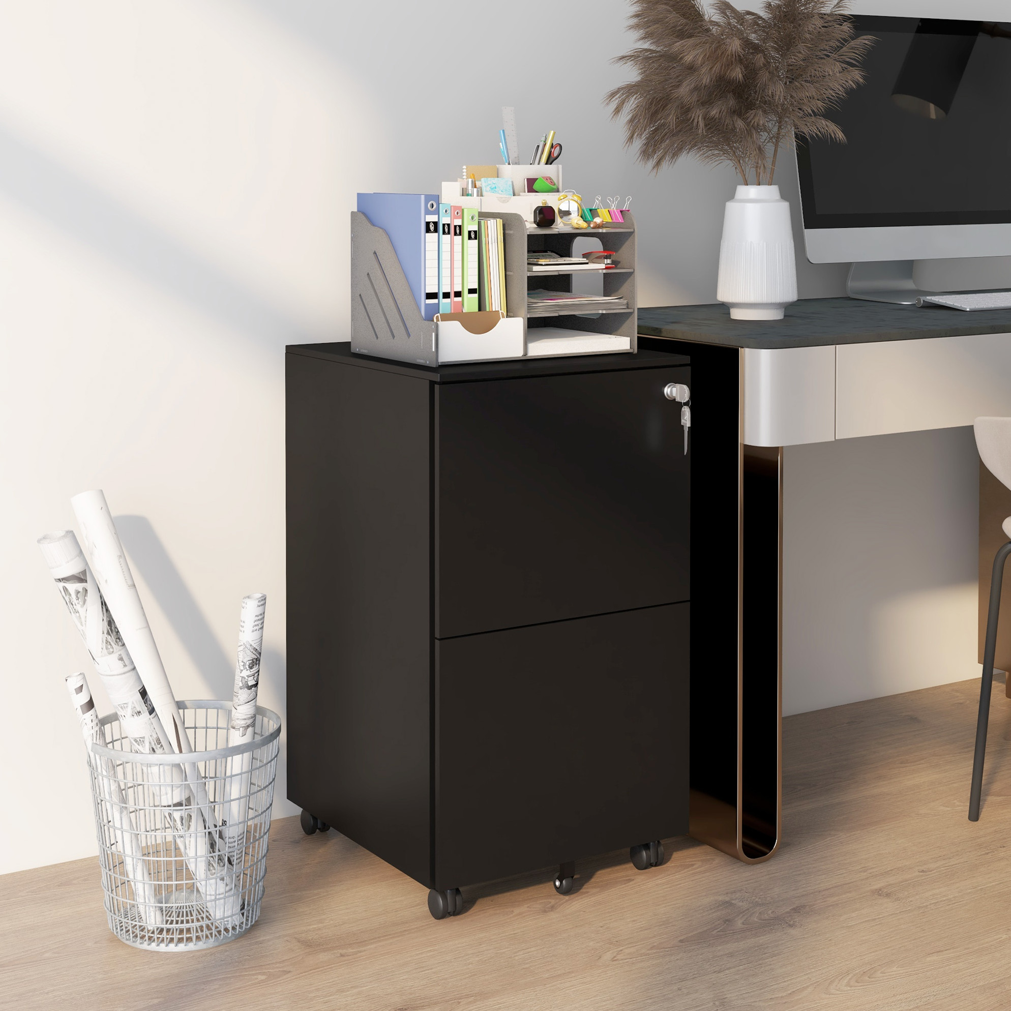Rollcontainer 37x43.5x67.5 Cm Schwarz Aus Stahl Mit 2 Abschließbaren Schubladen Und Rollen
