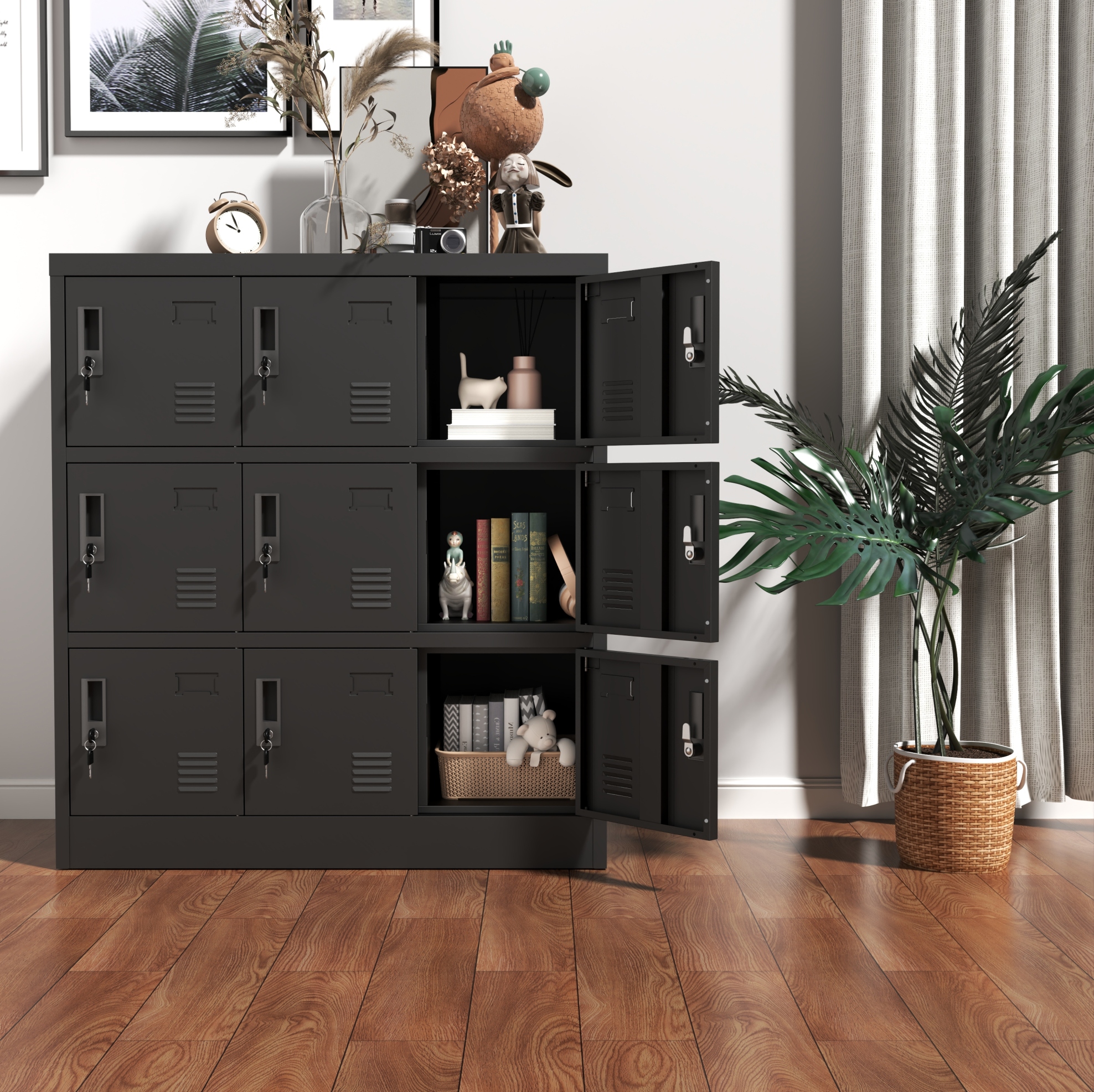 Metallschrank 90x40x100 Cm Schwarz Aus Stahl Mit 9 Abschließbaren Fächern, Lüftungsschlitzen Und Kartenfächern