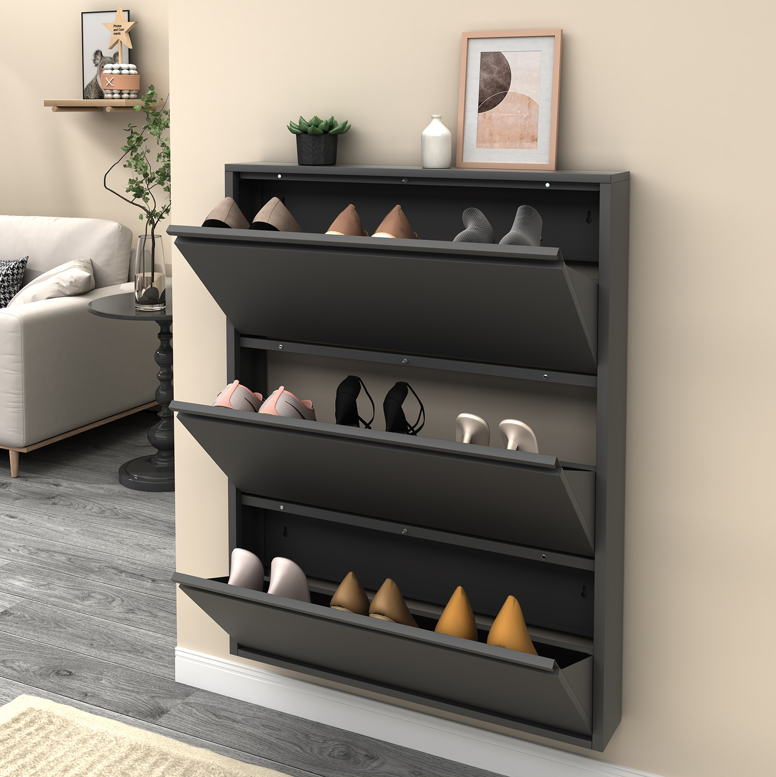 Wandmontierter Schuhschrank Schwarz Aus Metall Mit 3 Klappschubladen Und Großer Stauraumkapazität