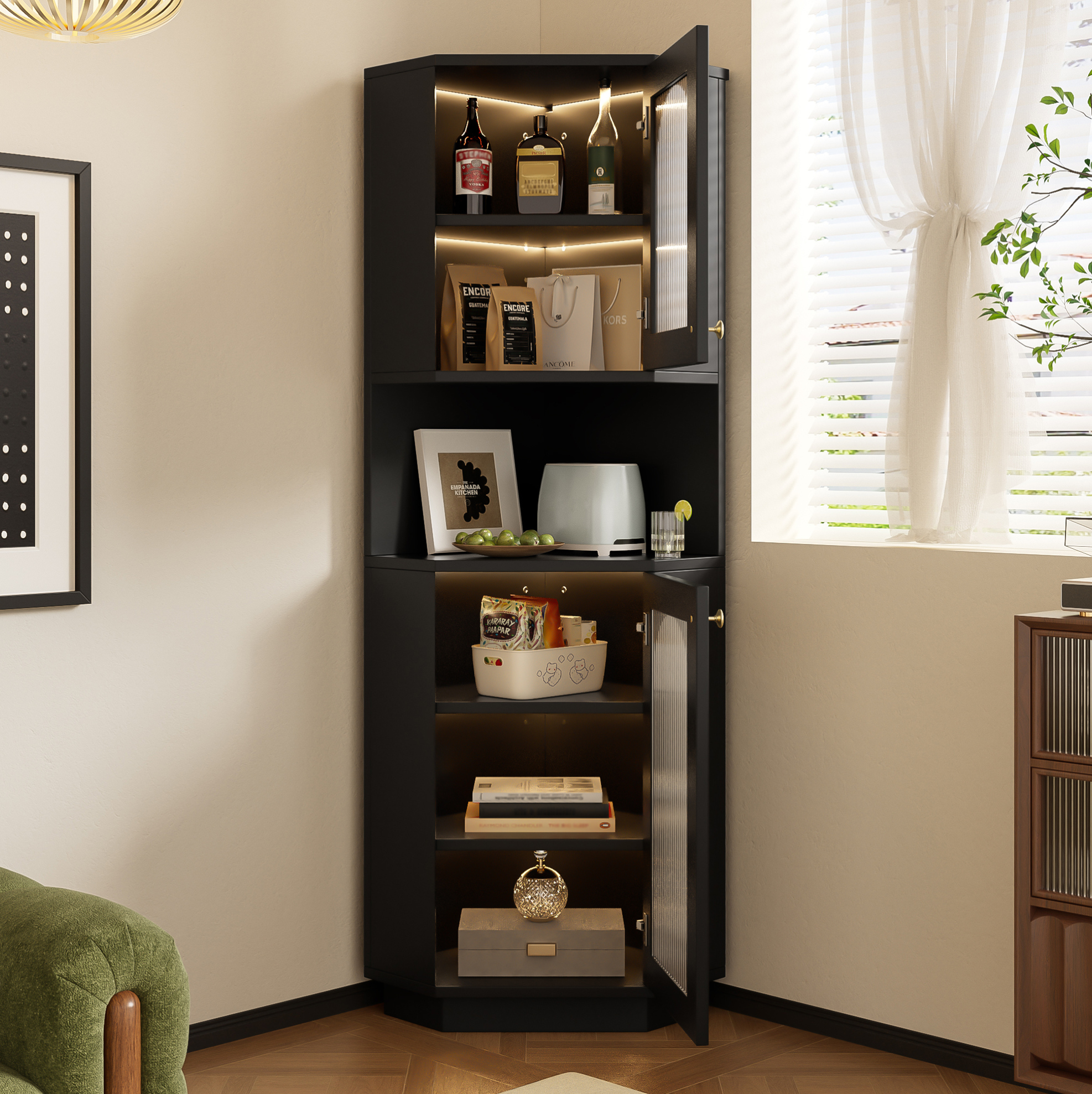 Eckschrank 45x45x166.5 Cm Schwarz Mdf Mit Lichtleiste Und Verstellbaren Einlegeböden