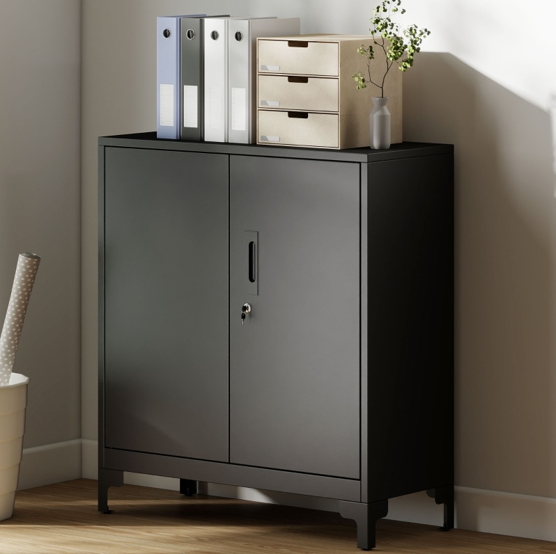 Armoire De Bureau Noire En Métal Avec Portes Verrouillables Et 2 Niveaux De Rangement