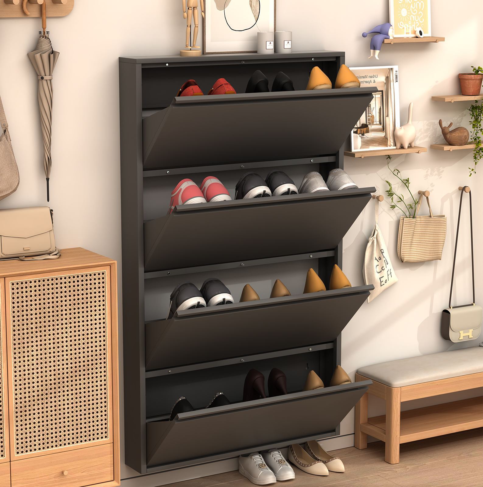 Schuhschrank Mit 4 Klappschubladen Schwarz Aus Metall, Wandmontiert, Schmal Und Platzsparend